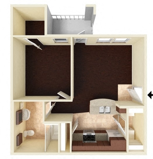 Floor plan for 1 bed, 1 bath, 610 sqft